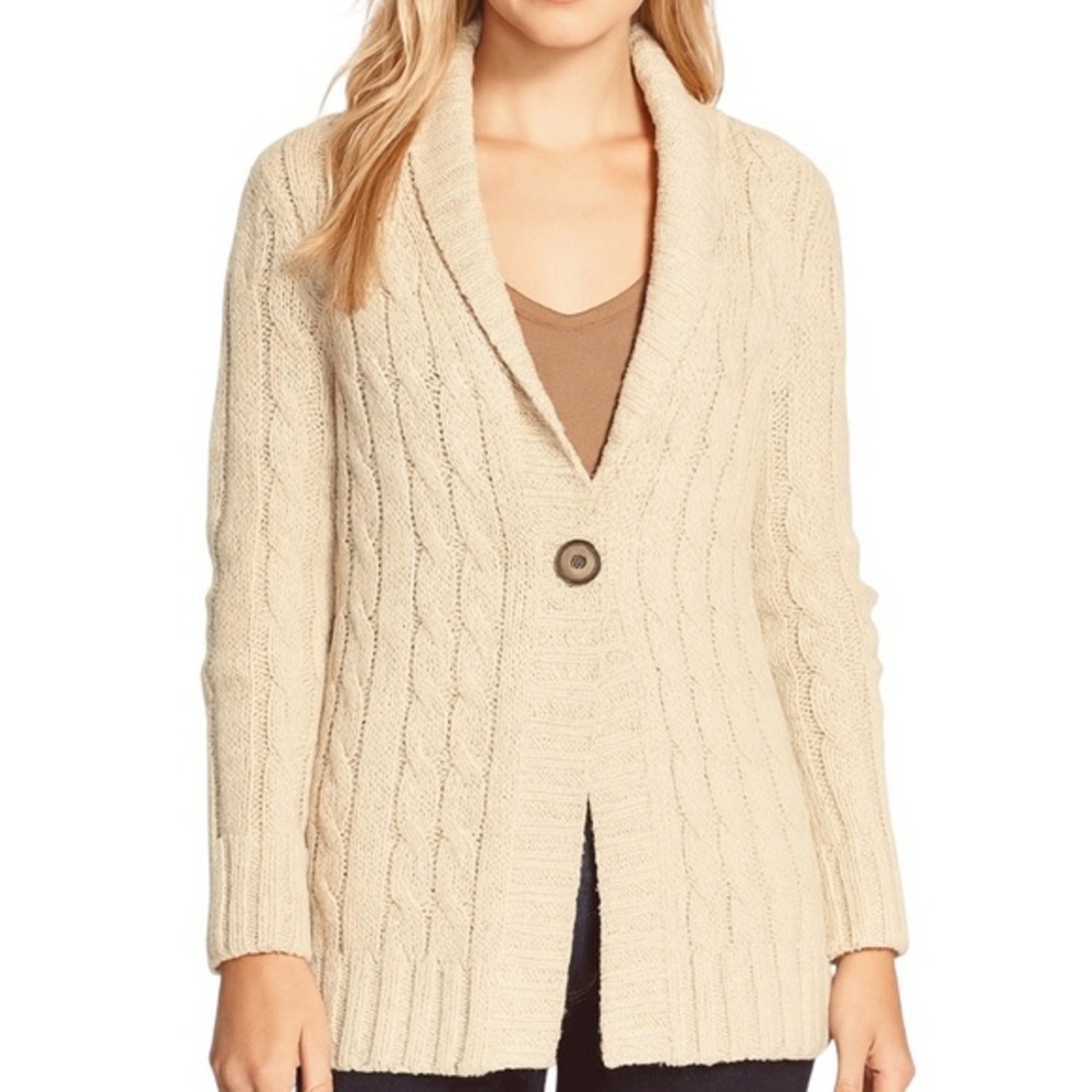 Leo & Nicole Cable Knit Oatmeal Cream Cotton Shawl Collar Cardigan L